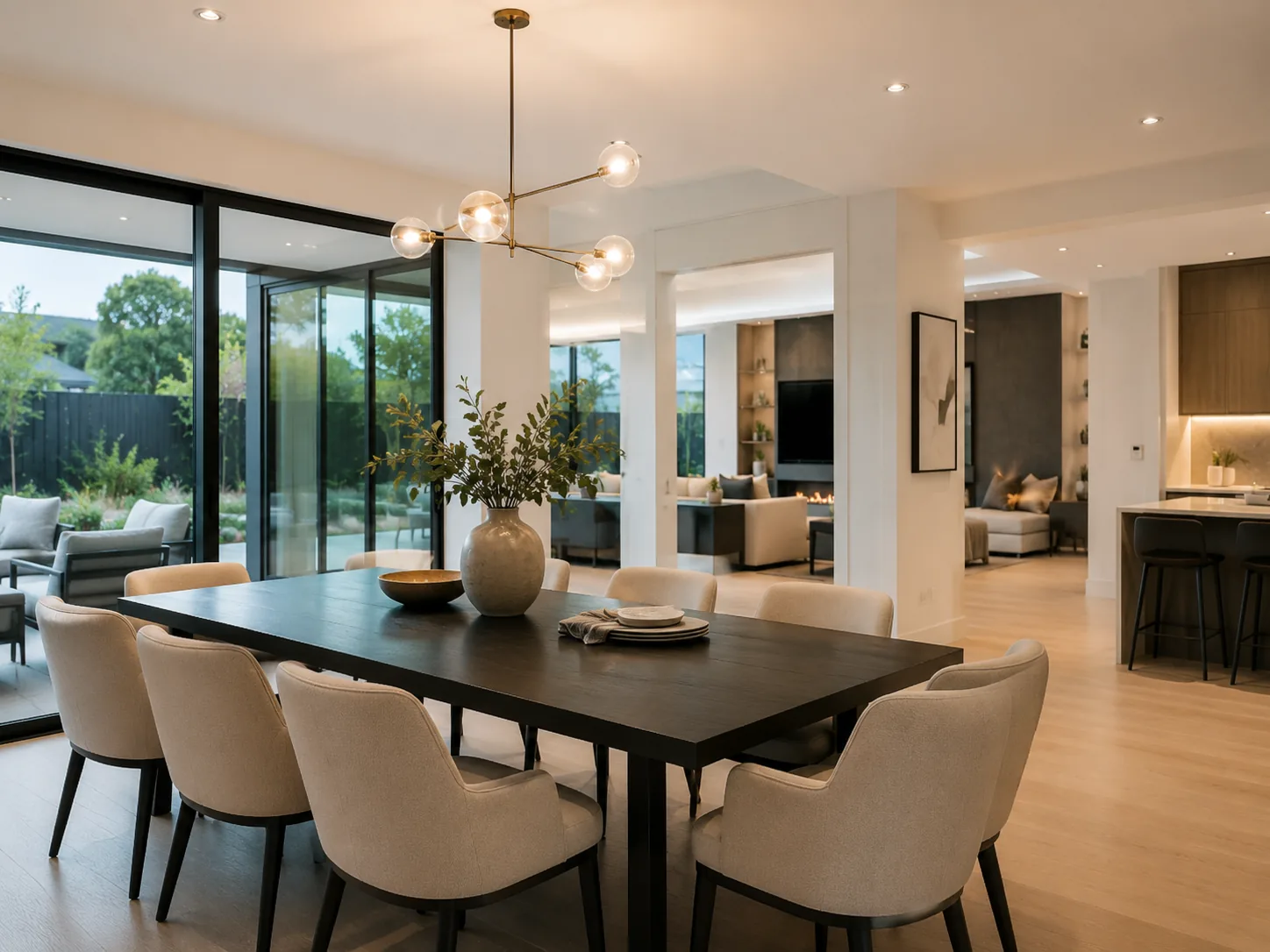 Open-plan dining space with brass pendant lighting and warm timber floors.