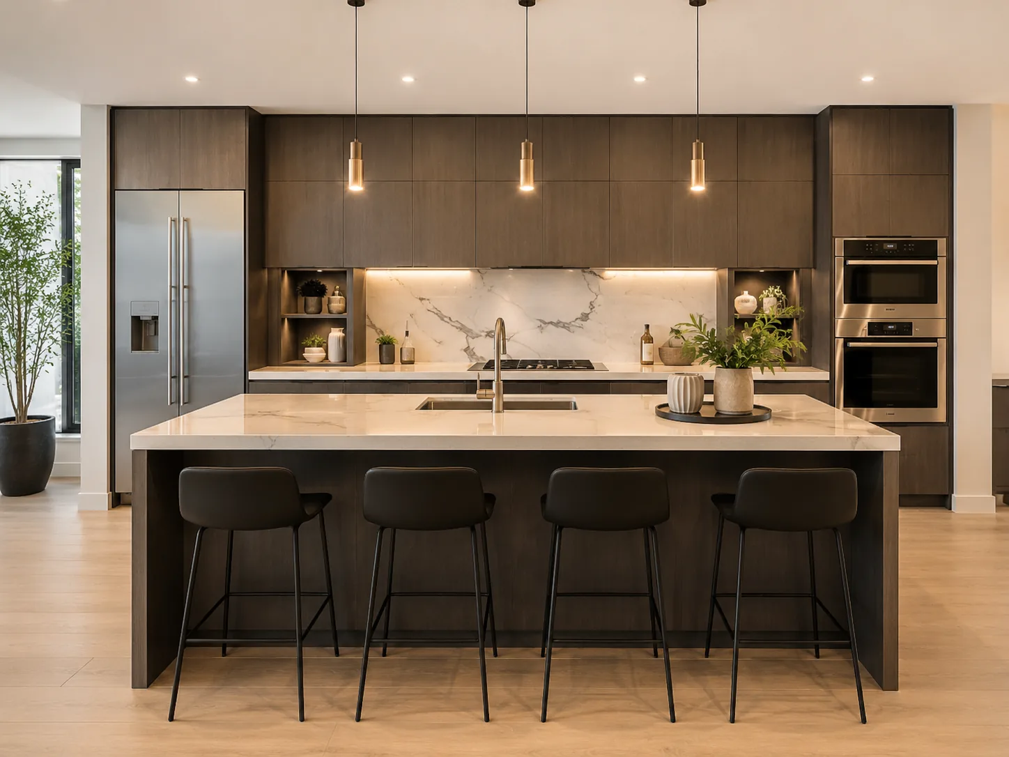 Walnut and marble kitchen island with brass pendants overhead.