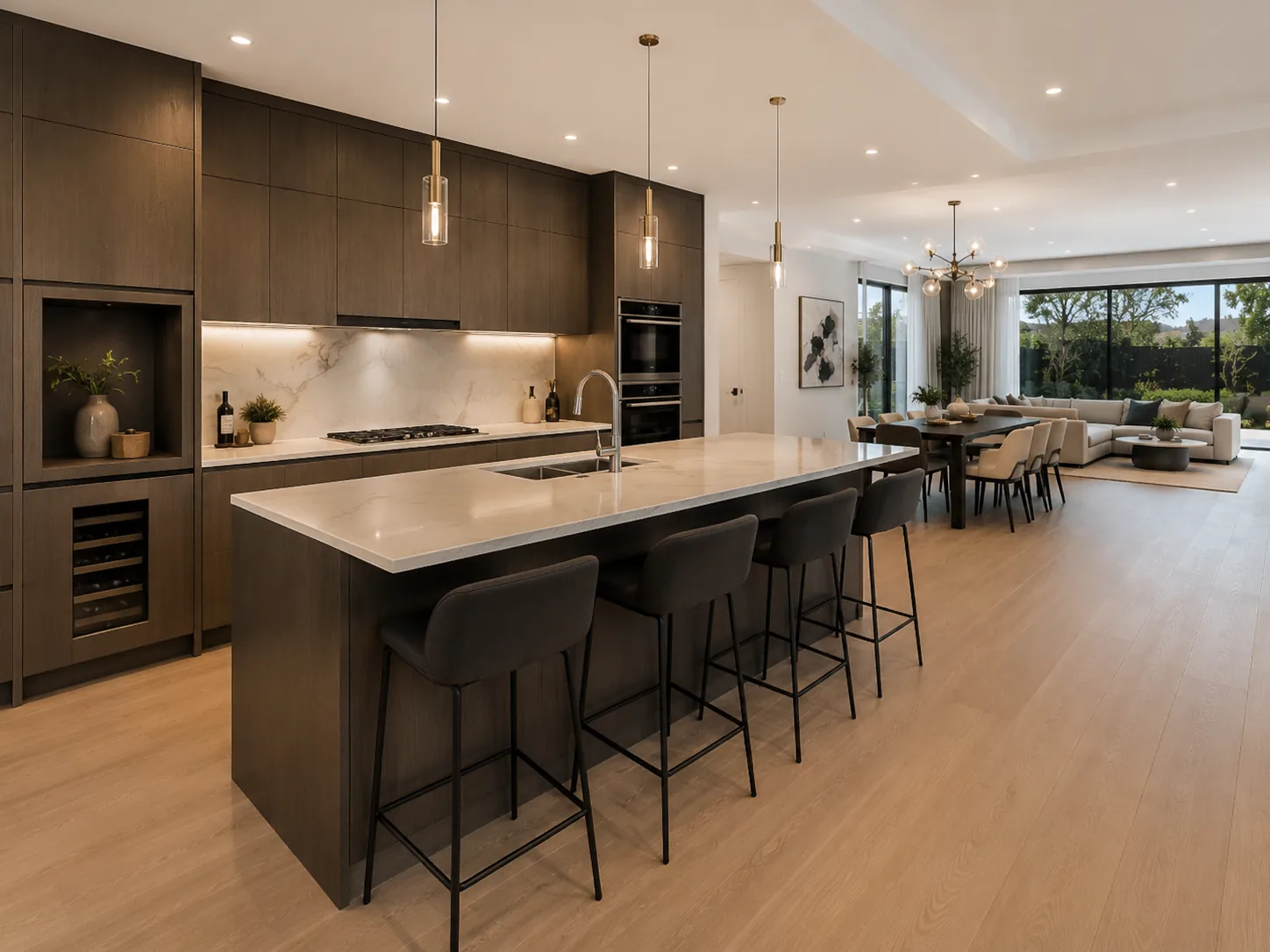 Open-plan kitchen and living space with floor-to-ceiling glazing.
