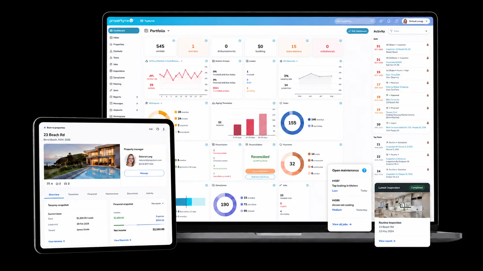 PropertyMe owner portal shown across desktop, tablet and mobile devices.